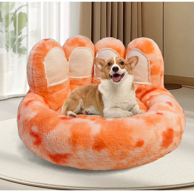 Round Faux Rabbit Fur Pet Bed | Bear Paw Design | Machine Washable | Winter Warm | 4 Sizes | 7 Colours