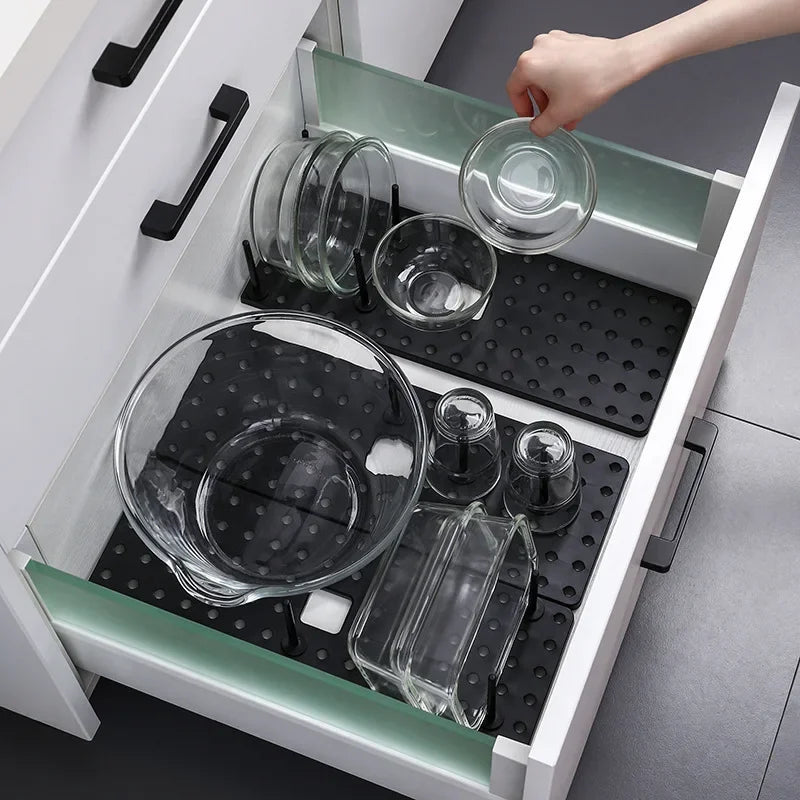 Telescopic Dish and Plate Drying Rack with Drawer – Adjustable ABS Kitchen Organiser