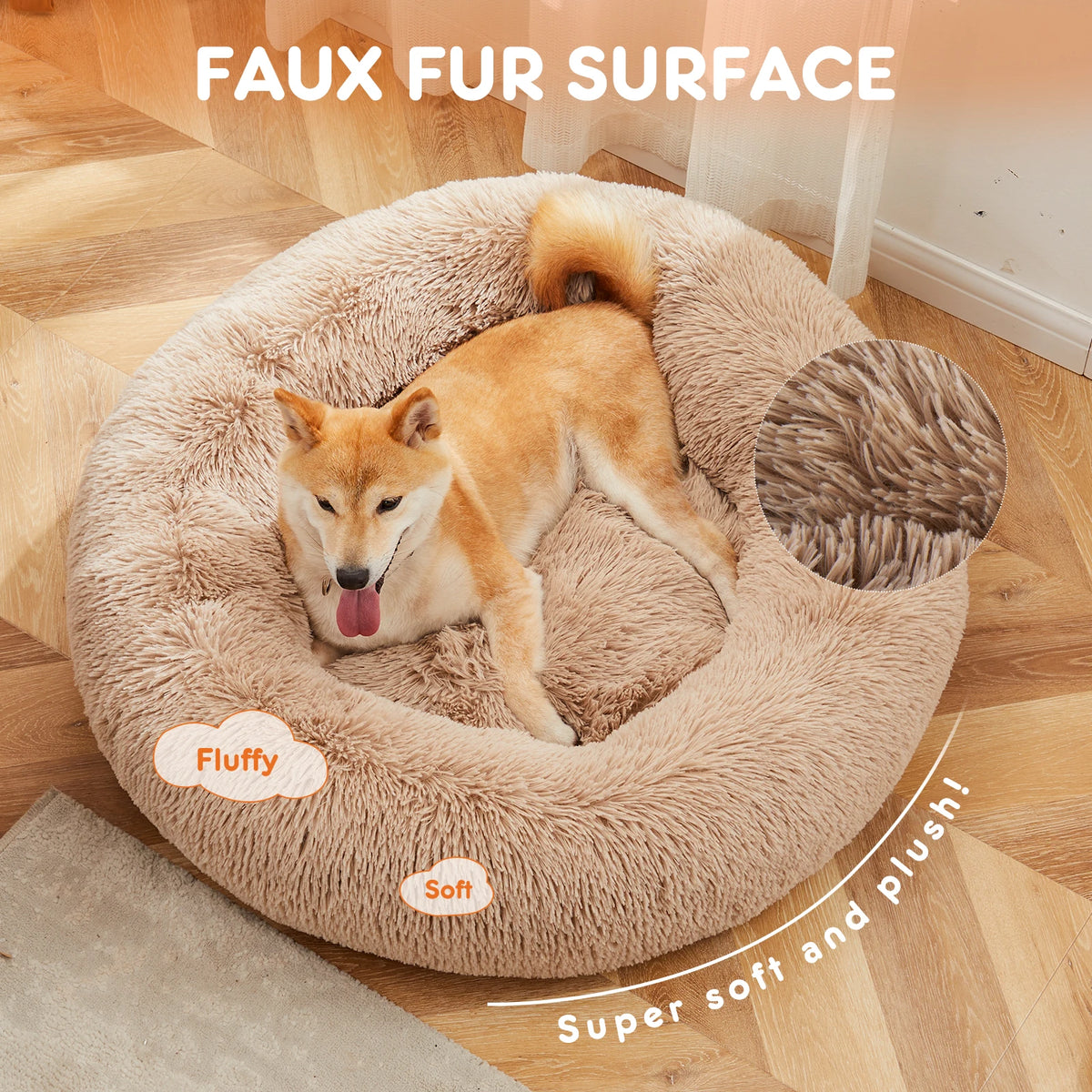 Round Coral Fleece Calming Dog Bed | Machine Washable | Non-Slip | 4 Sizes | Gray & Brown