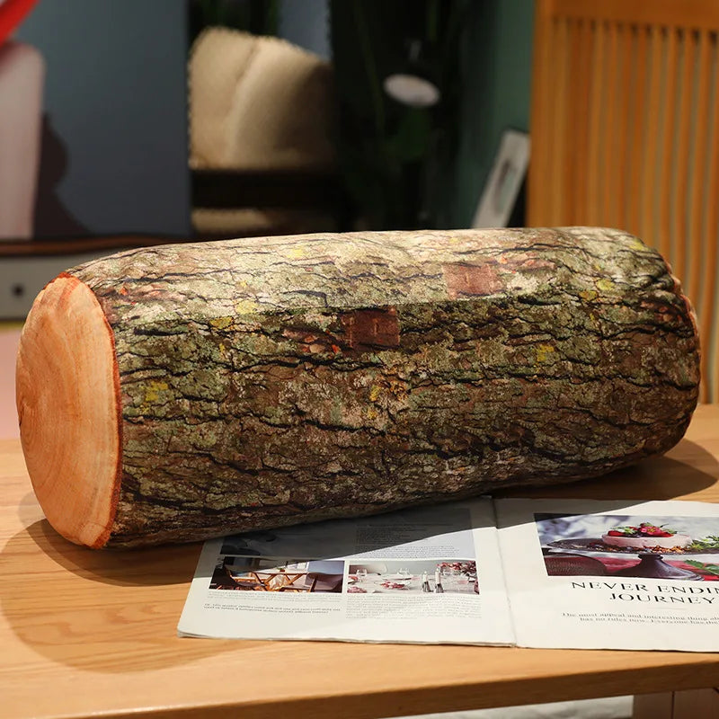 Tree Log Plush Pillow – Realistic Bark-Print Bolster