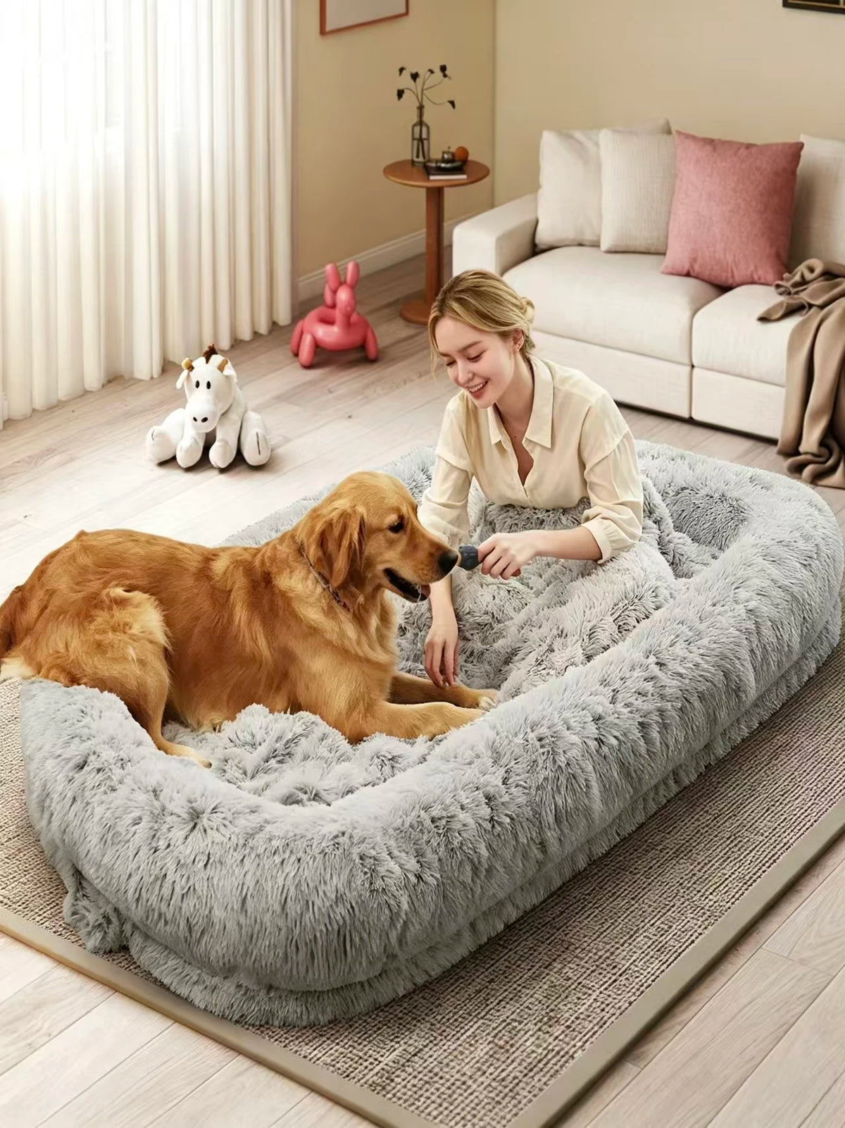 Oversized Human Dog Bed | Faux Fur | Waterproof Liner | Non-Slip | Side Pocket | Removable Cover