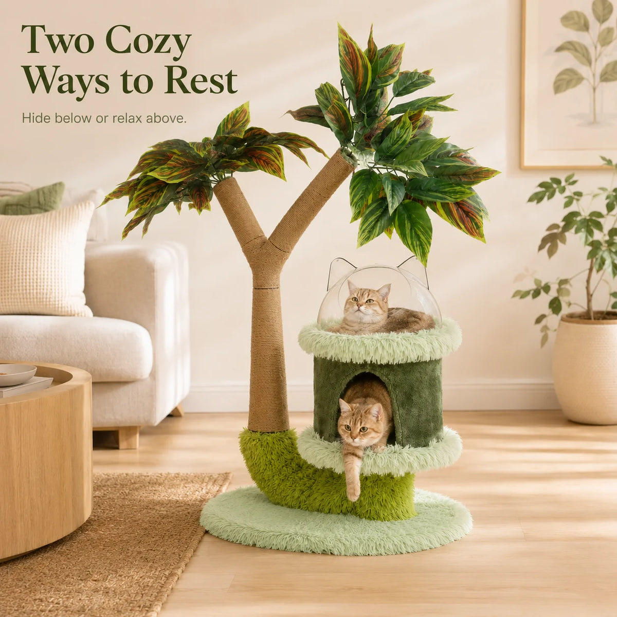 Mango Tree Cat Tree | Double-Tier | Natural Sisal Scratching Post | Jump Platform & Top Perch | Green