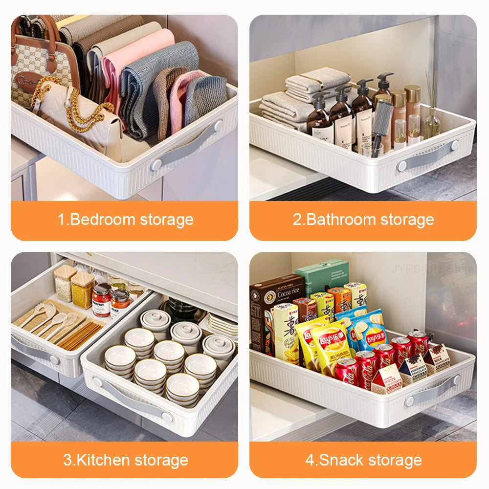 Pull-Out Cabinet Storage Tray with Slide Rails – Kitchen Sliding Drawer Organiser, M or L