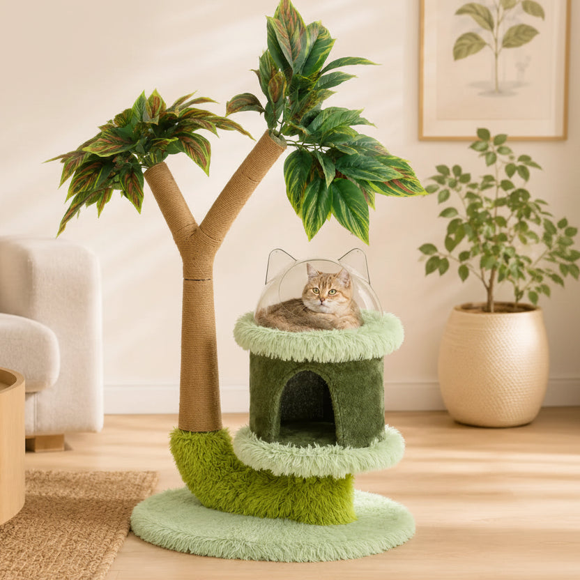 Mango Tree Cat Tree | Double-Tier | Natural Sisal Scratching Post | Jump Platform & Top Perch | Green