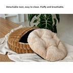 Seashell Pet Bed | Faux Rabbit Fur & Corduroy | 2-in-1 Semi-Enclosed Nest | Waterproof Base | 2 Sizes