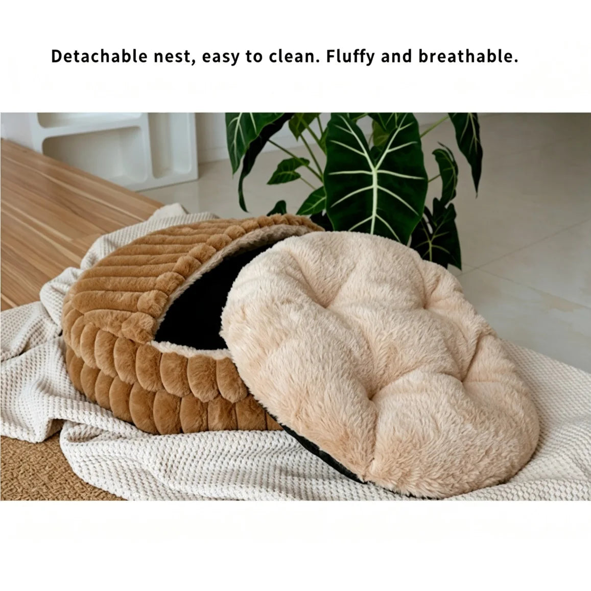 Seashell Pet Bed | Faux Rabbit Fur & Corduroy | 2-in-1 Semi-Enclosed Nest | Waterproof Base | 2 Sizes