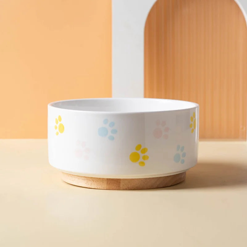 Ceramic Dog & Cat Bowl with Wooden Mat | Wide Mouth | 18 Styles