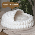 Seashell Pet Bed | Faux Rabbit Fur & Corduroy | 2-in-1 Semi-Enclosed Nest | Waterproof Base | 2 Sizes