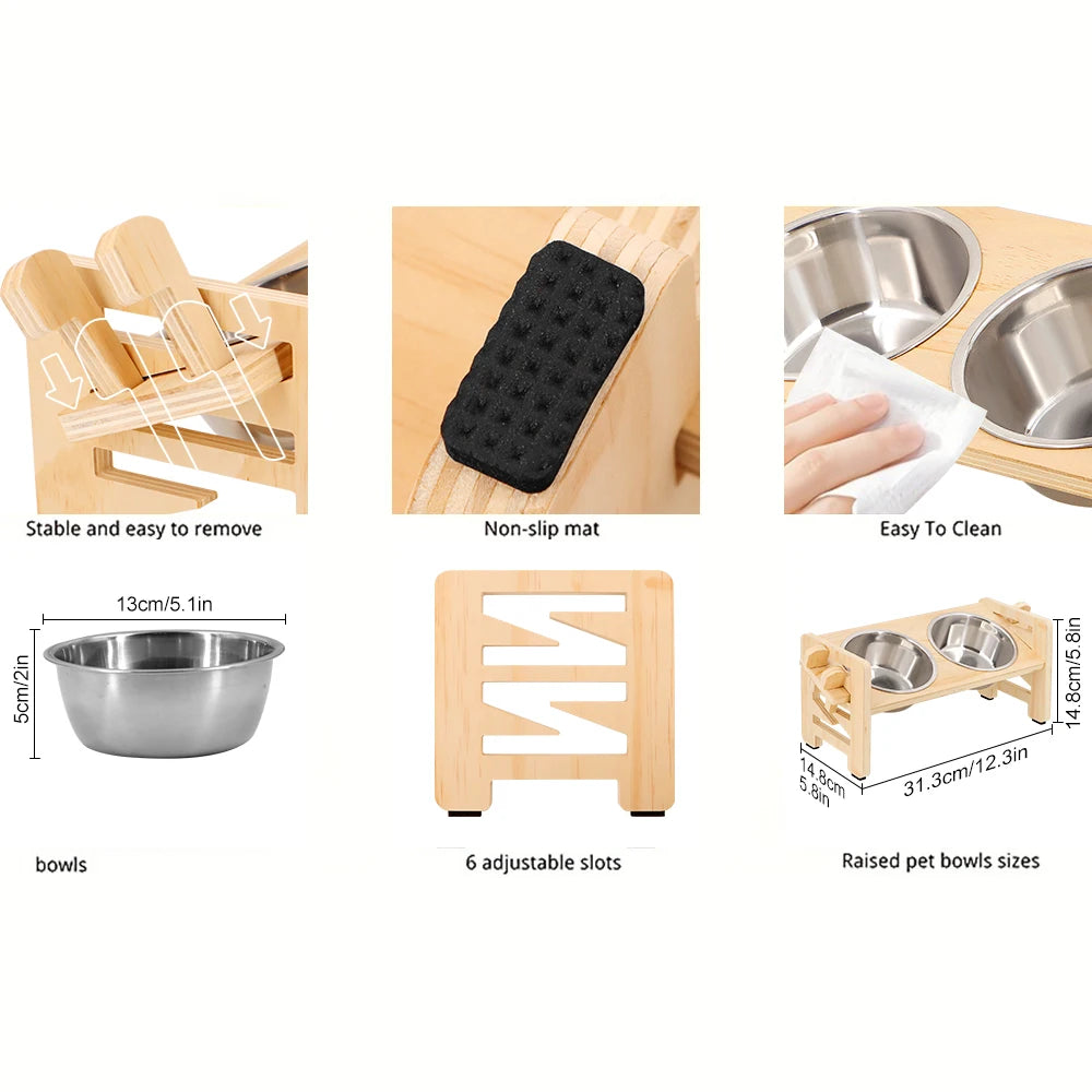 Elevated Dog & Cat Bowls with Food Mat | 15° Tilted Stand | Stainless Steel