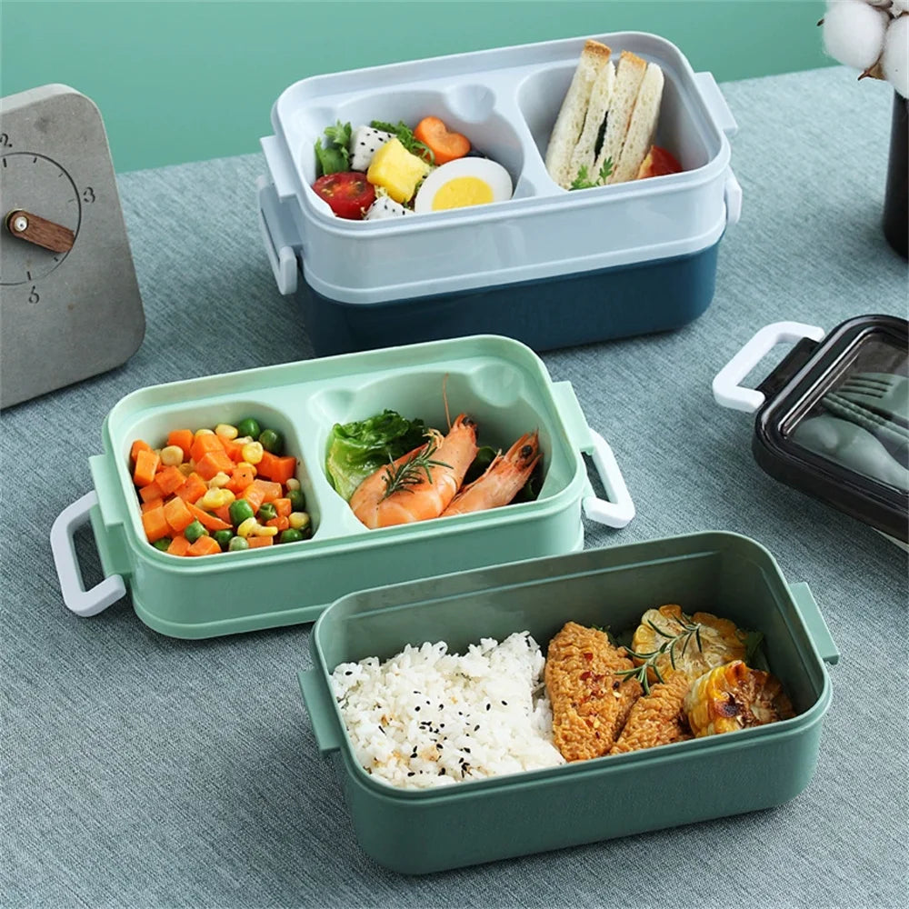 Double-Layer Lunch Box with Cutlery – 1400ml Leakproof Compartment Food Box, Pink, Green or Blue