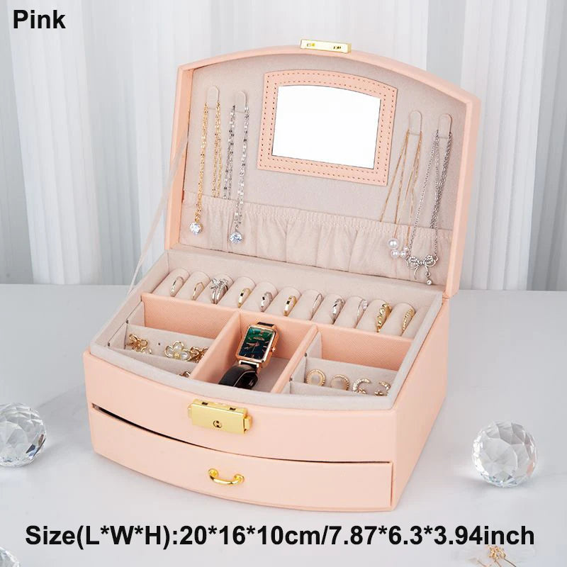 Multi-Layer Faux Leather Jewellery Box with Mirror – 2, 3 or 6 Layers, 4 Colours