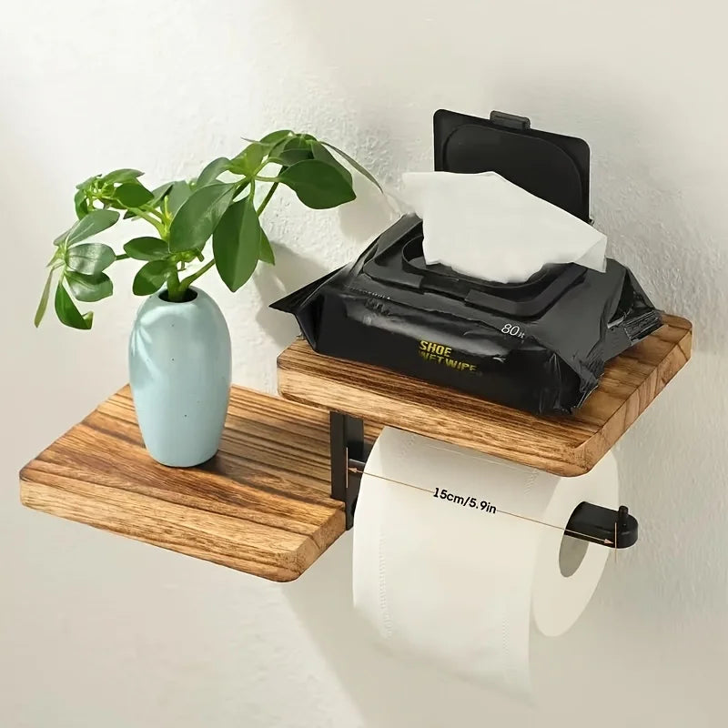 Wall-Mounted Wooden Toilet Paper Holder with Shelf – Bathroom Tissue Roll Dispenser