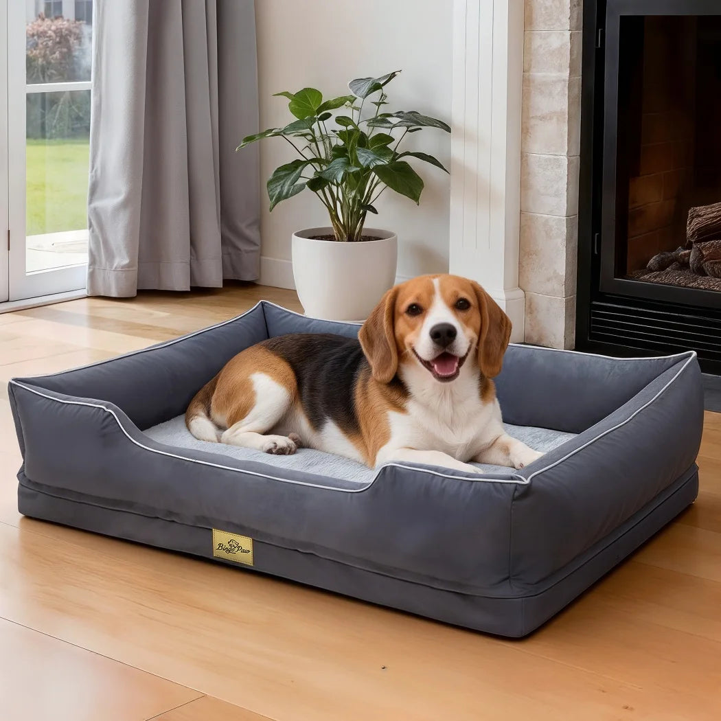 Oxford & Faux Rabbit Fur Bolster Dog Bed | Sponge Foam | Removable Cover | Non-Slip | 5 Sizes