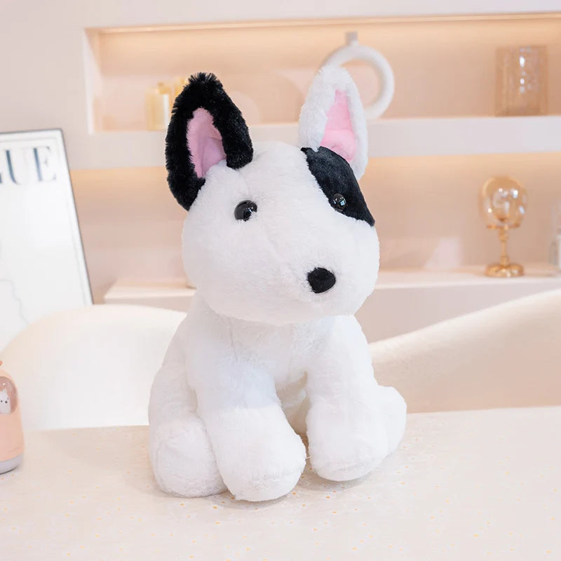 Kawaii Bull Terrier Plush Stuffed Toy | Egg-Shaped Head | Black Eye Patch | Fluffy White Coat | 2 Sizes