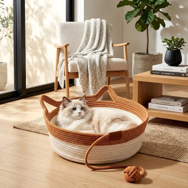 Handwoven Cotton Rope Cat Basket | Cat Ear Handles | Ball Toy Included | 3 Sizes