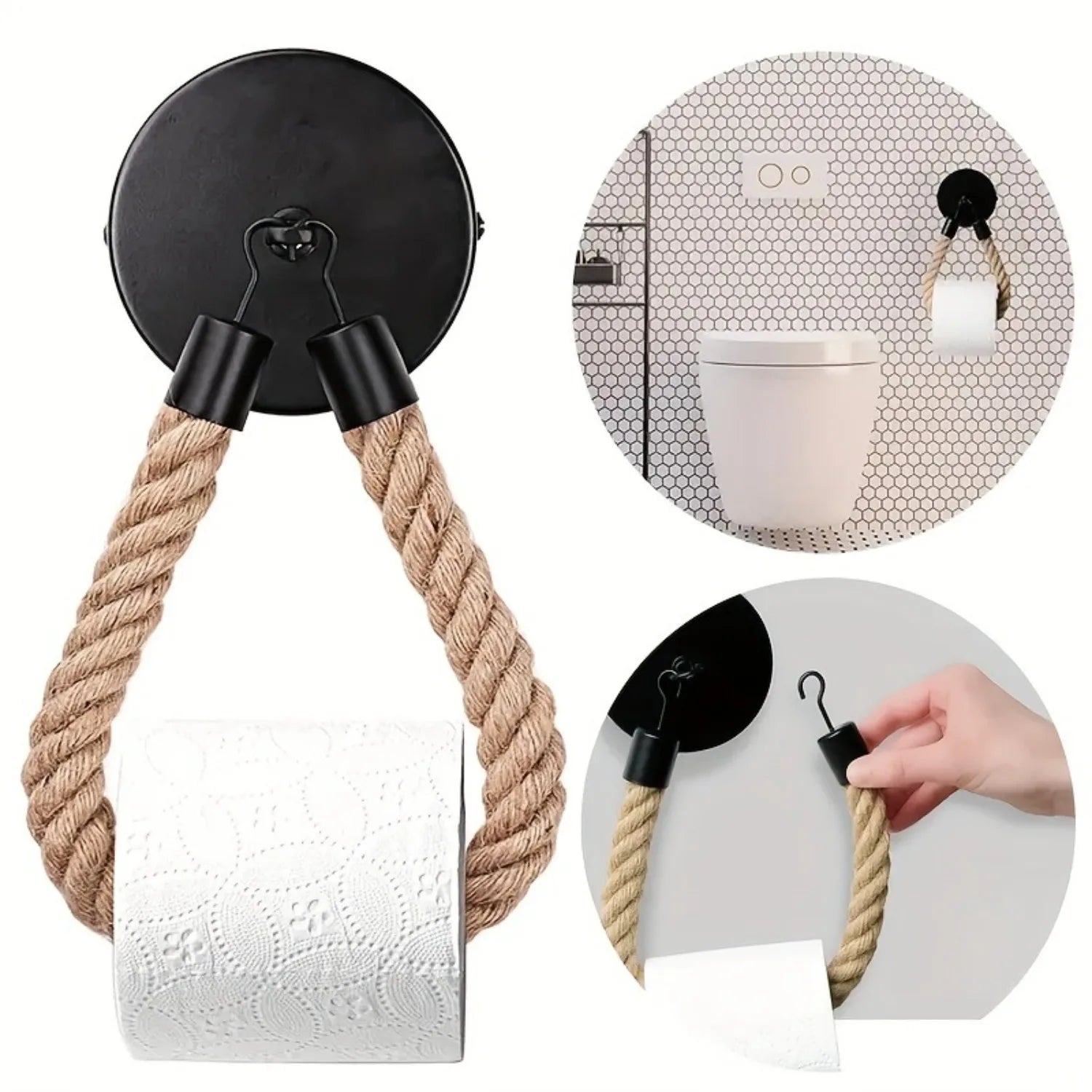 Retro Hemp Rope Toilet Roll Holder – Punchless Wall-Mounted Tissue Rack, 1pc or 2pcs