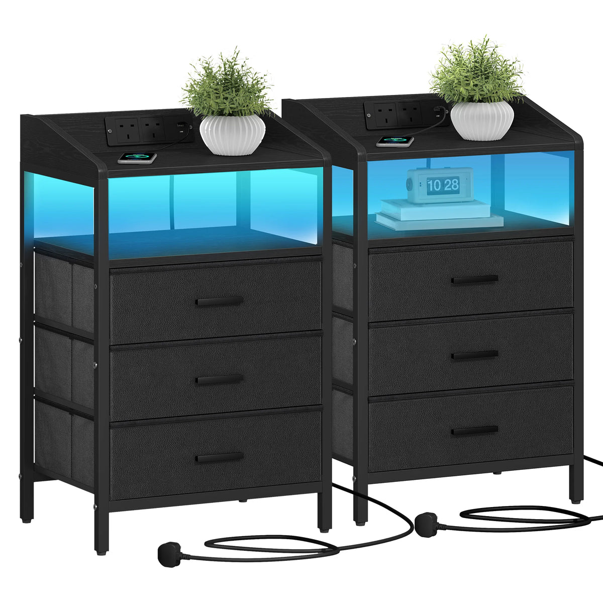 Bedside Table with LED Lights, Charging Station & 3 Fabric Drawers – Black, White or Rustic Brown