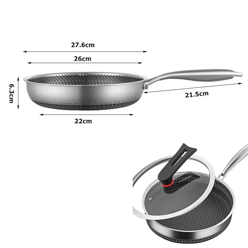 Stainless Steel Honeycomb Non-Stick Frying Pan with Glass Lid – All Cooktop Compatible