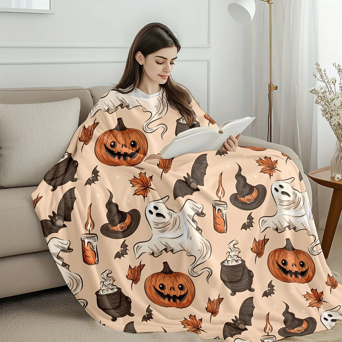 Spooky Pumpkin & Ghosts Plaid Throw Blanket for Halloween Decor