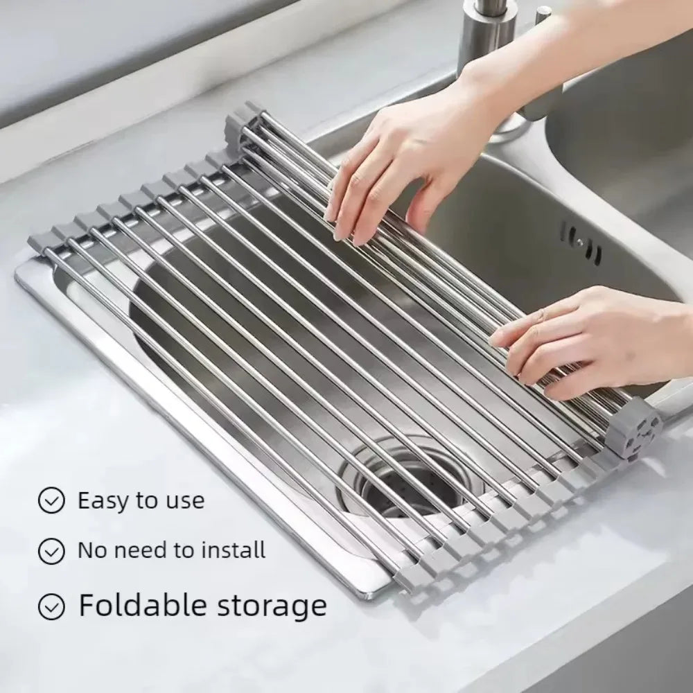 Roll-Up Stainless Steel Sink Drying Rack – Foldable Dish & Vegetable Drainer, 3 Sizes