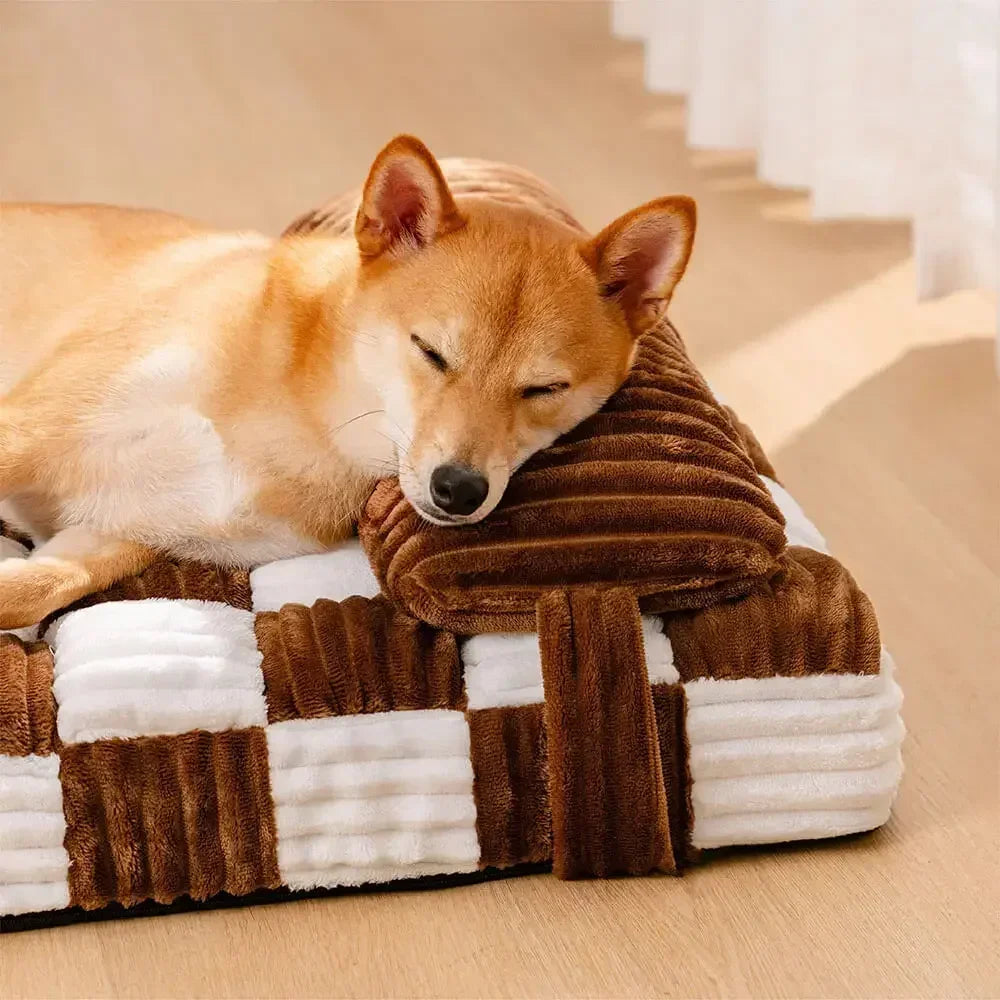 Orthopedic Dog Bed | Corduroy Plaid | High-Density Foam | Pillow Included | 2 Sizes