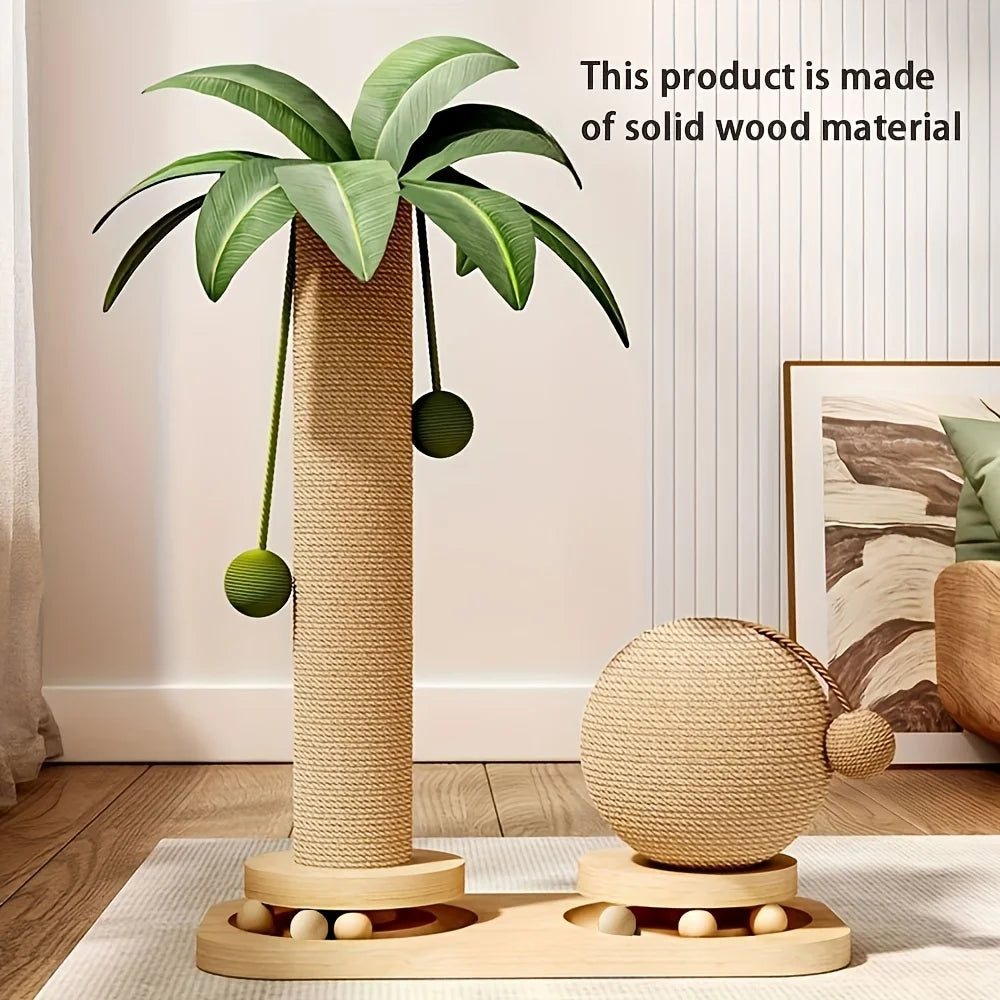 Coconut Tree Cat Scratching Post & Play Tower – 2-in-1 Sisal & Corrugated, Hanging Balls