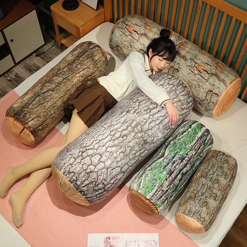 Tree Log Plush Pillow – Realistic Bark-Print Bolster