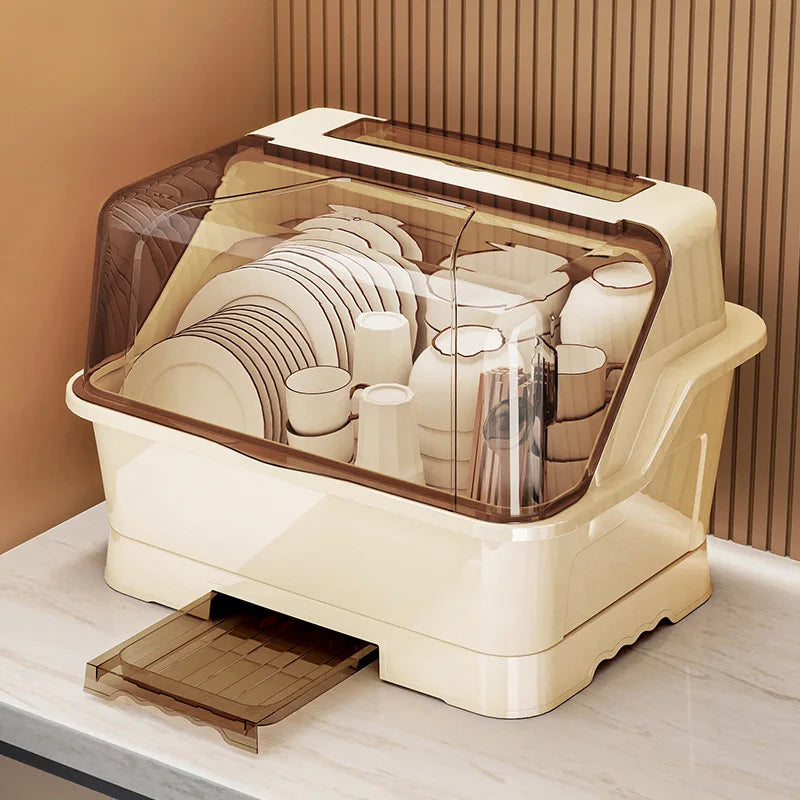 Dish Rack with Lid – Dust-Proof Countertop Organiser with Drainboard
