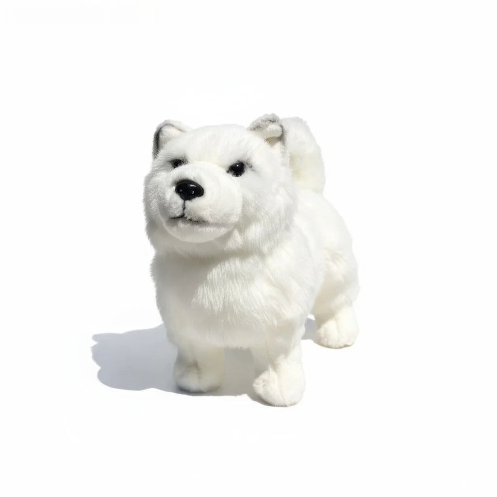 Lifelike Samoyed Plush Figurine | Simulation Short-Pile Coat | 4-Legged Standing Pose | Curled Tail | 30×20cm Desk Companion