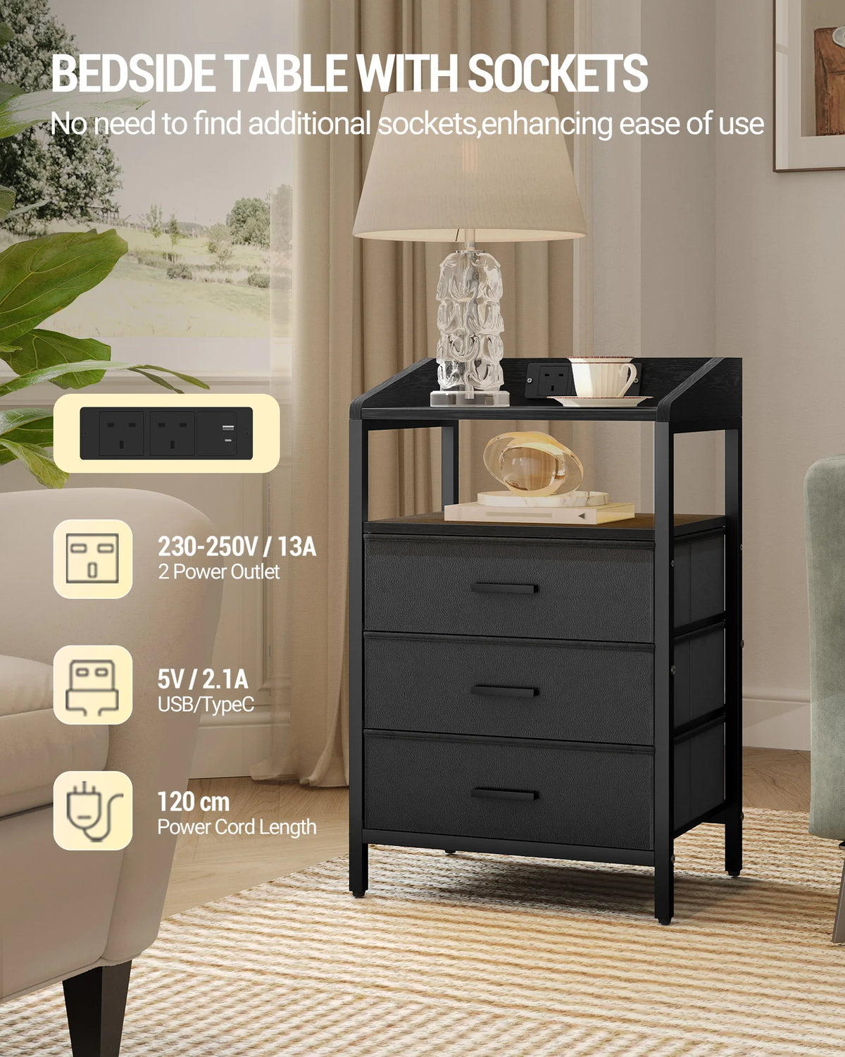 Bedside Table with LED Lights, Charging Station & 3 Fabric Drawers – Black, White or Rustic Brown