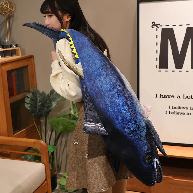 Giant Realistic Bluefin Tuna Plush Pillow | Deep Blue Torpedo Body | Open Mouth, Scale Texture Print & Yellow Finlets | 45–50cm, 70–75cm & 90–95cm