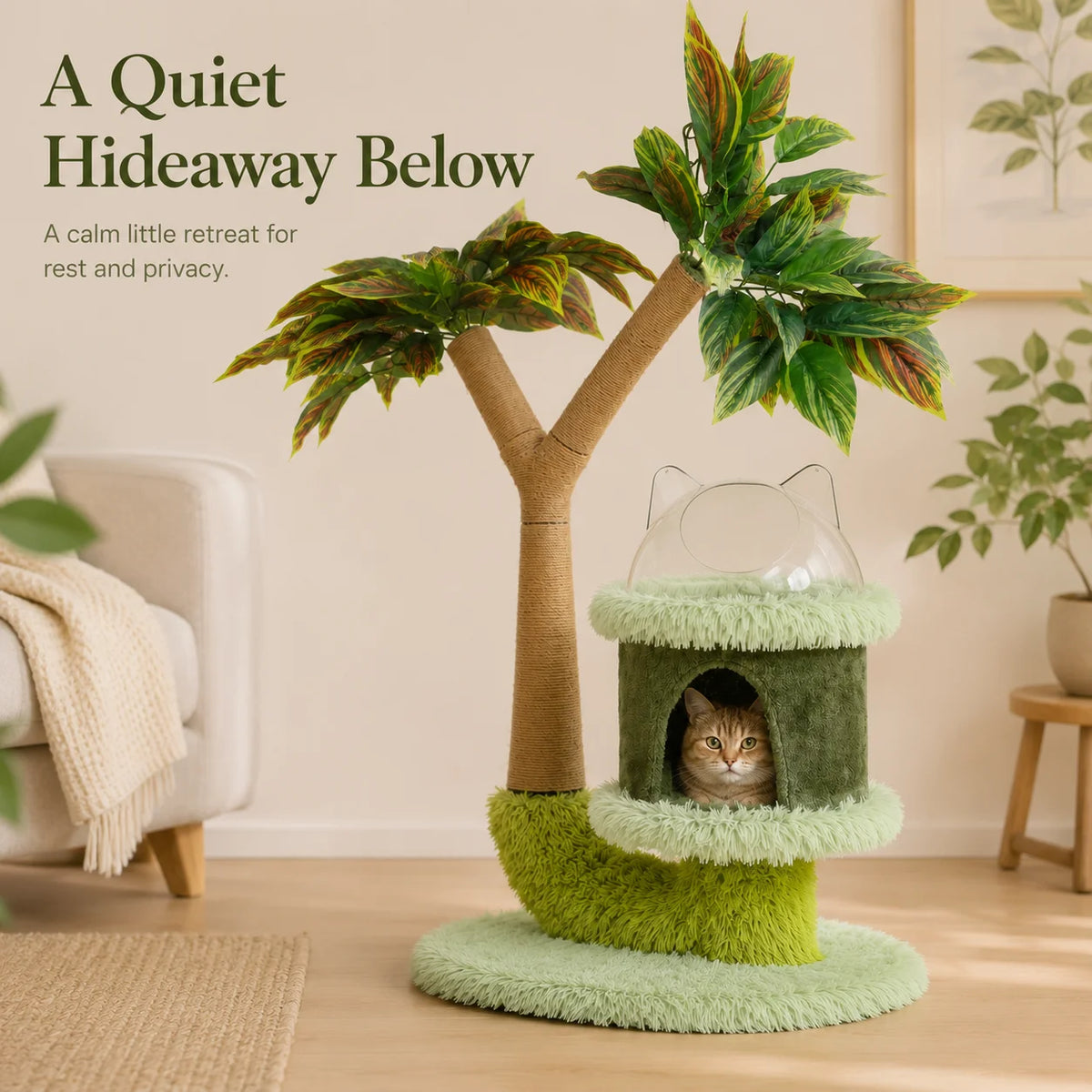 Mango Tree Cat Tree | Double-Tier | Natural Sisal Scratching Post | Jump Platform & Top Perch | Green