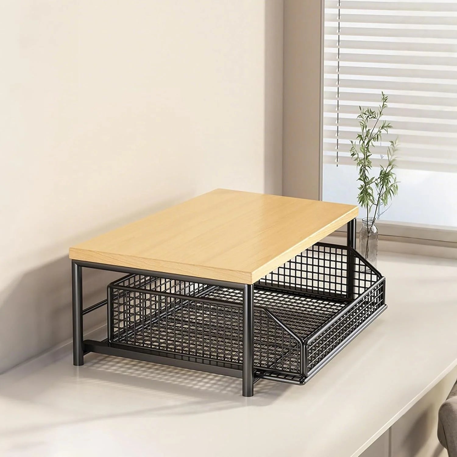 2-Tier Kitchen Countertop Storage Shelf – Wood & Metal Standing Organiser with Drawer & Basket