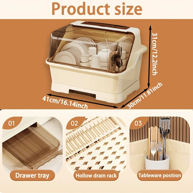Dish Rack with Lid – Dust-Proof Countertop Organiser with Drainboard