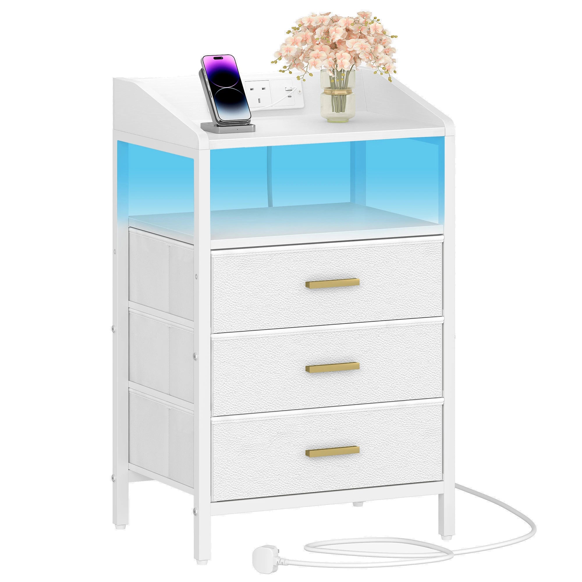 Bedside Table with LED Lights, Charging Station & 3 Fabric Drawers – Black, White or Rustic Brown