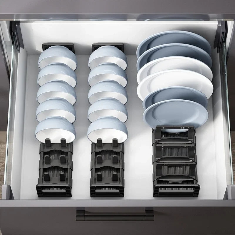 Cabinet Dish & Bowl Rack Organiser – Adjustable Space Aluminium Drawer Storage, 40cm or 45cm