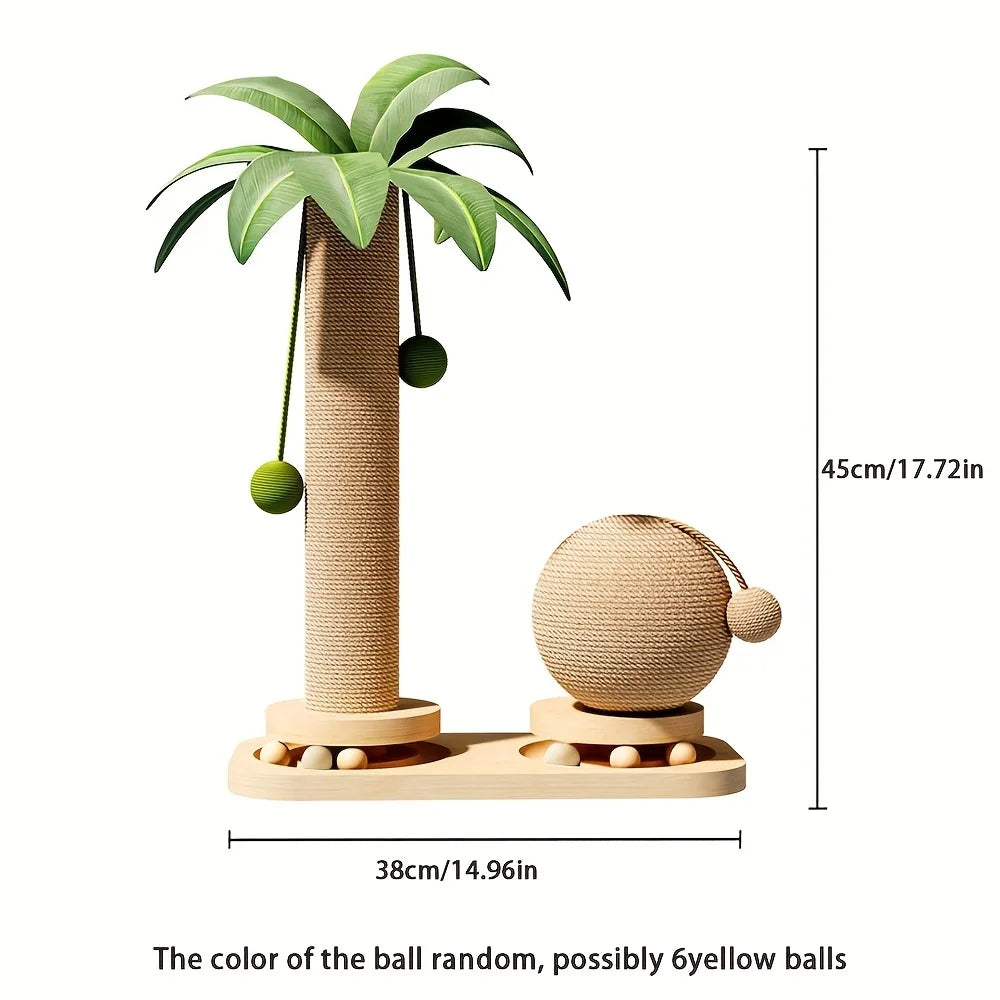 Coconut Tree Cat Scratching Post & Play Tower – 2-in-1 Sisal & Corrugated, Hanging Balls