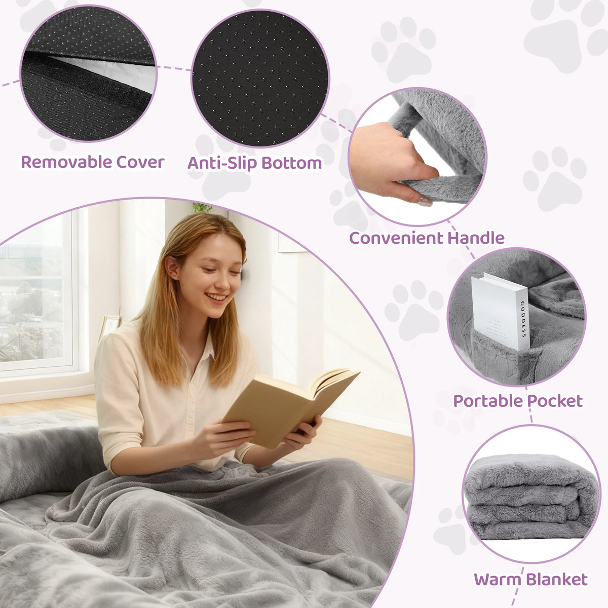 Oversized Human Dog Bed | Faux Fur | Waterproof Liner | Non-Slip | Side Pocket | Removable Cover