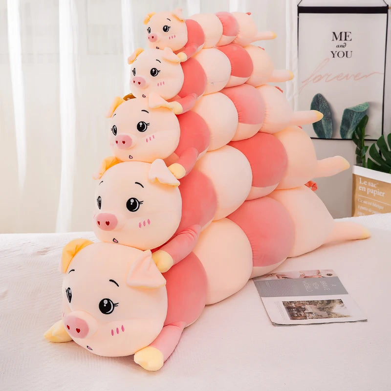 Kawaii Caterpillar Pig Body Pillow Plush | Segmented Pink Body | Heart Nose | 2 Expression Styles | 3 Sizes: 80, 100 & 130cm