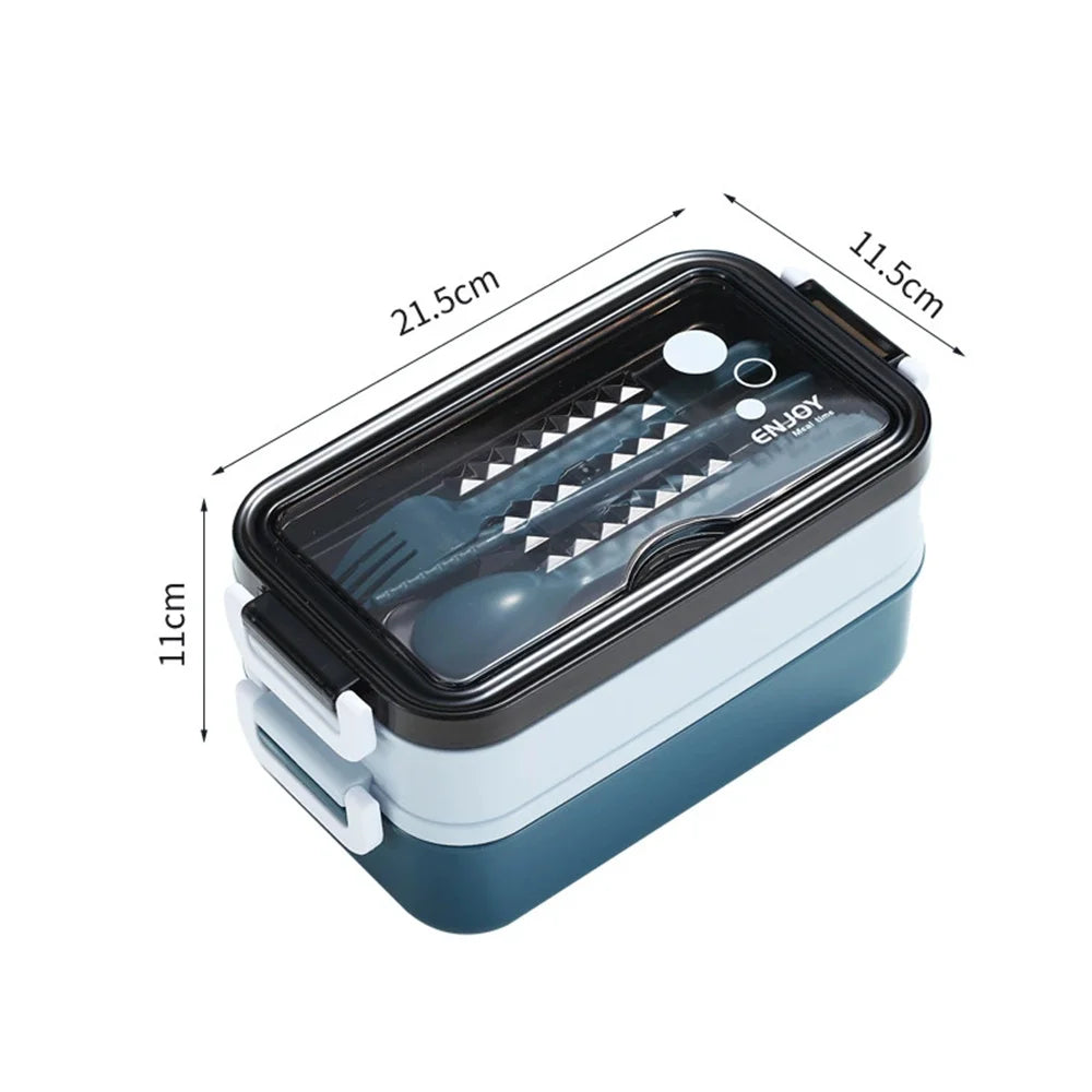 Double-Layer Lunch Box with Cutlery – 1400ml Leakproof Compartment Food Box, Pink, Green or Blue