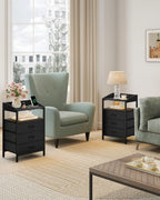 Bedside Table with LED Lights, Charging Station & 3 Fabric Drawers – Black, White or Rustic Brown