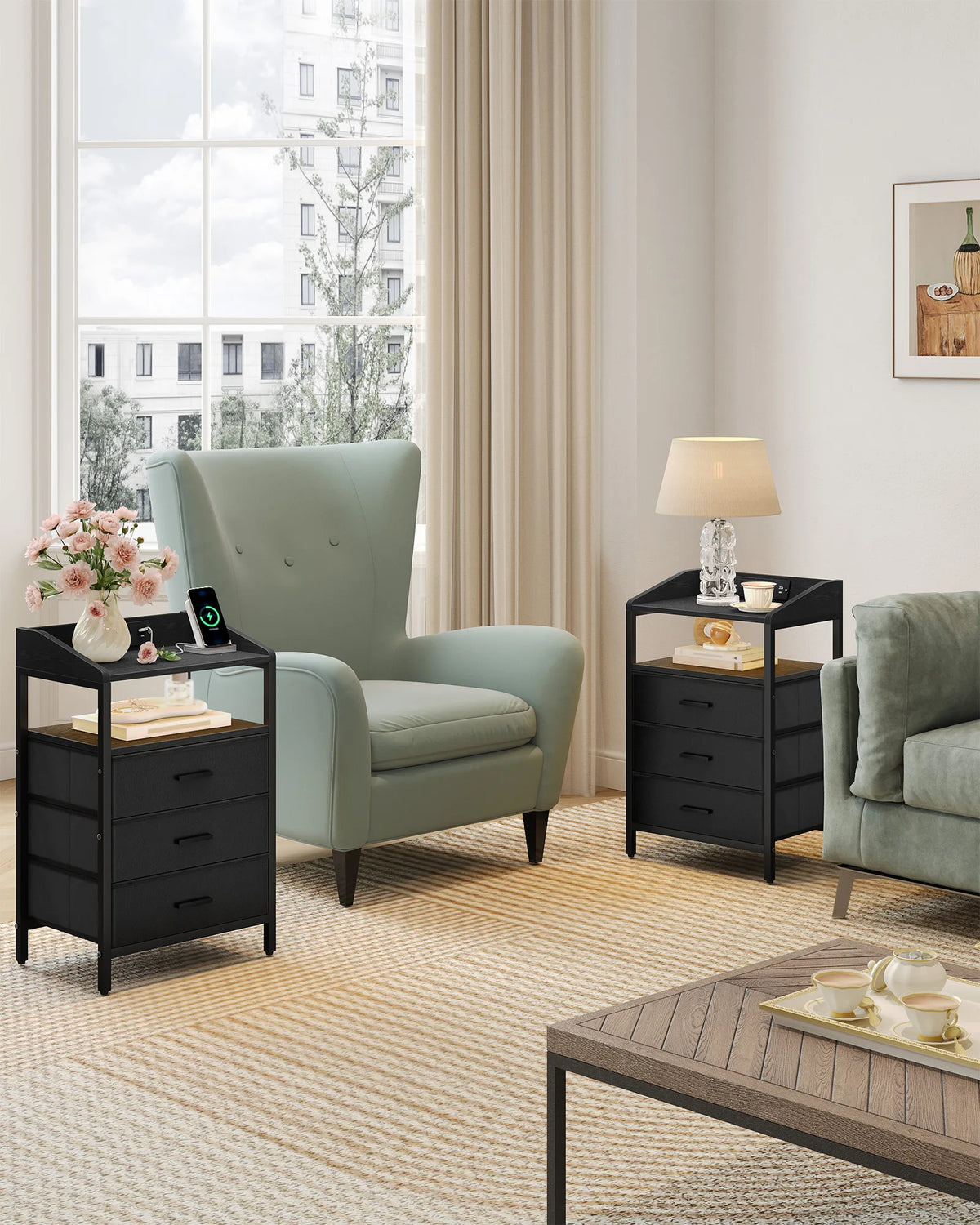 Bedside Table with LED Lights, Charging Station & 3 Fabric Drawers – Black, White or Rustic Brown