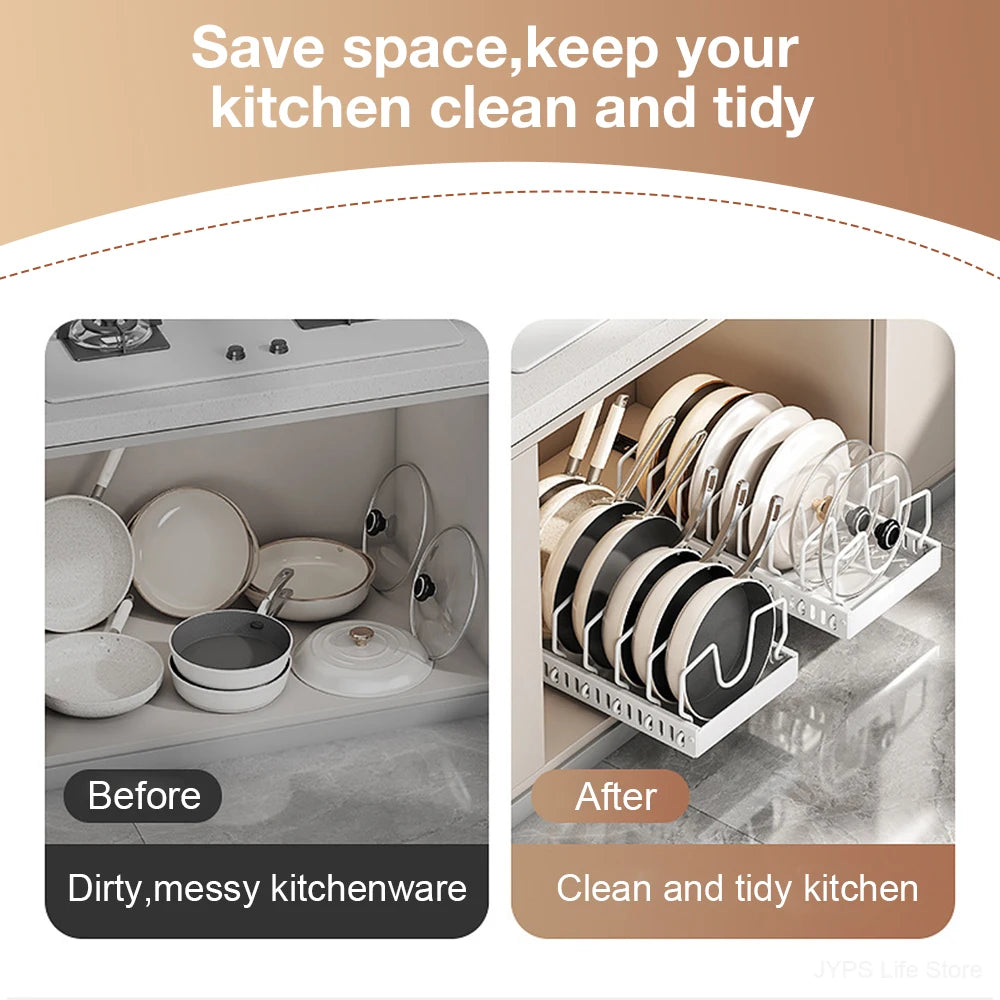 Pull-Out Pot and Pan Organiser with Sliding Rails – 8 Adjustable Compartments