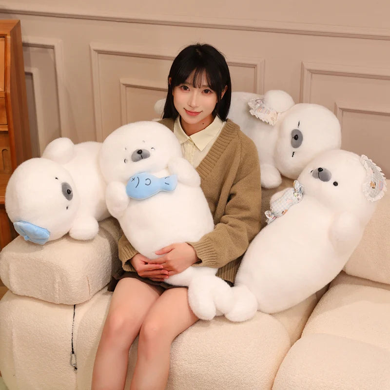 White Seal Plush Pillow – Long, Fluffy Animal Cushion