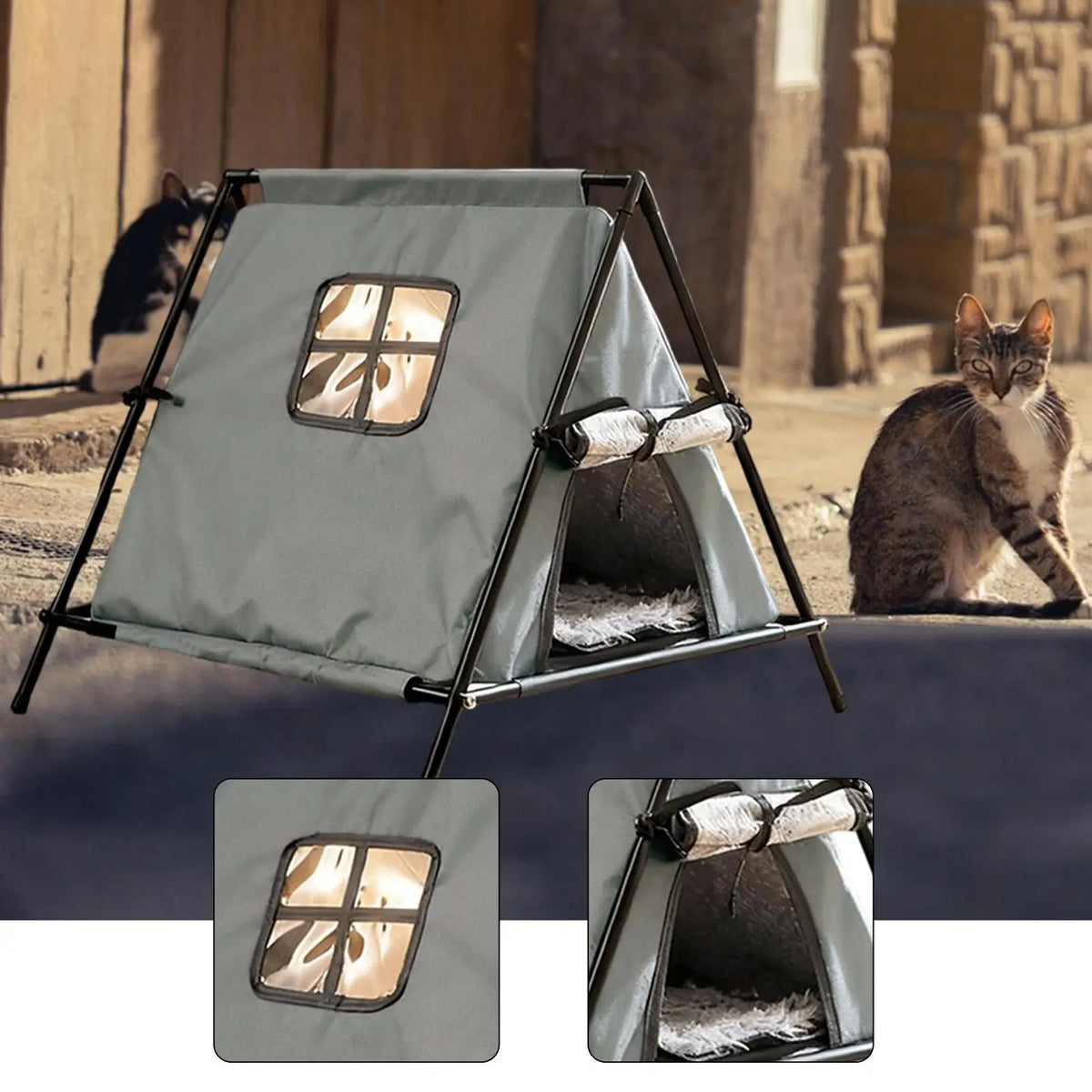 A-Frame Cat Tent House with Door Curtain