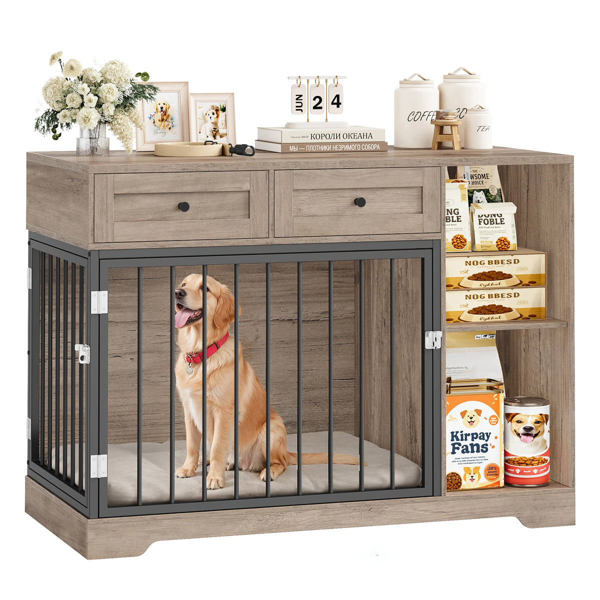 Wooden Dog Crate Furniture Cabinet – 120cm XXL Indoor Kennel with Drawers & Compartments