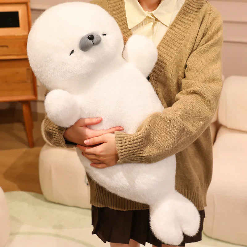 White Seal Plush Pillow – Long, Fluffy Animal Cushion