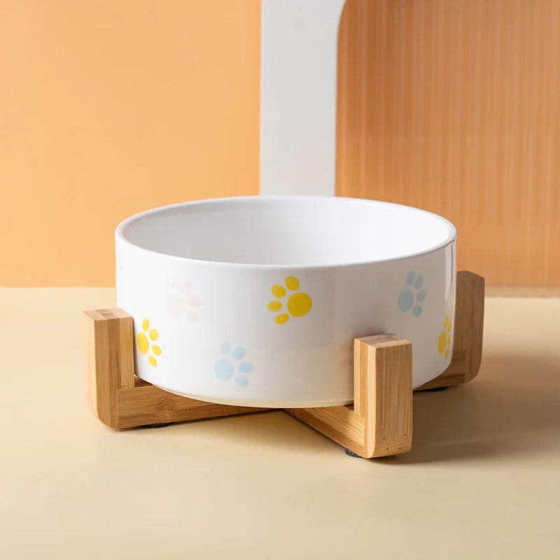 Ceramic Dog & Cat Bowl with Wooden Mat | Wide Mouth | 18 Styles