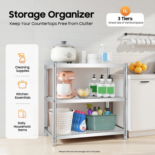 3-Tier Stainless Steel Storage Rack – Adjustable, Freestanding, Waterproof