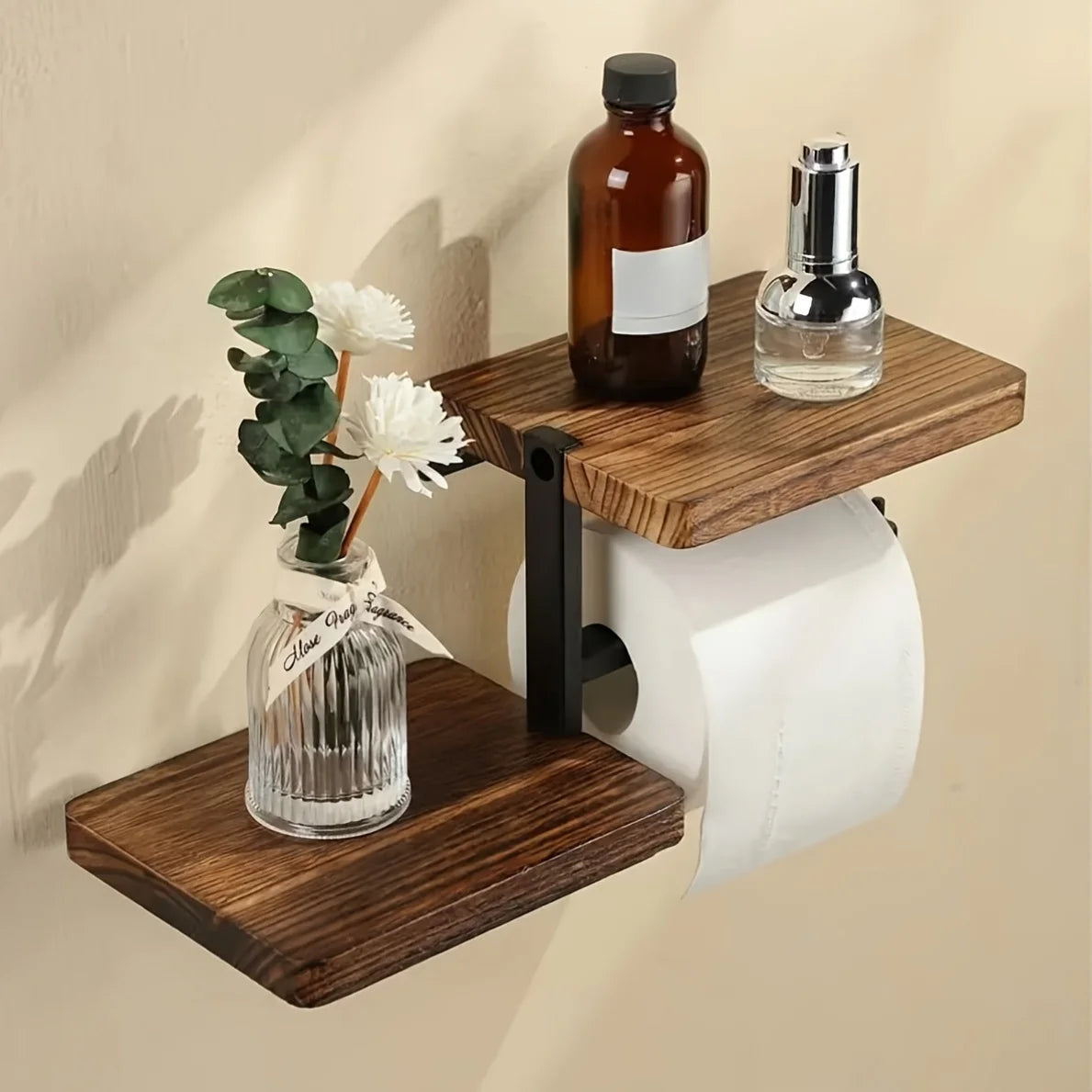 Wall-Mounted Wooden Toilet Paper Holder with Shelf – Bathroom Tissue Roll Dispenser